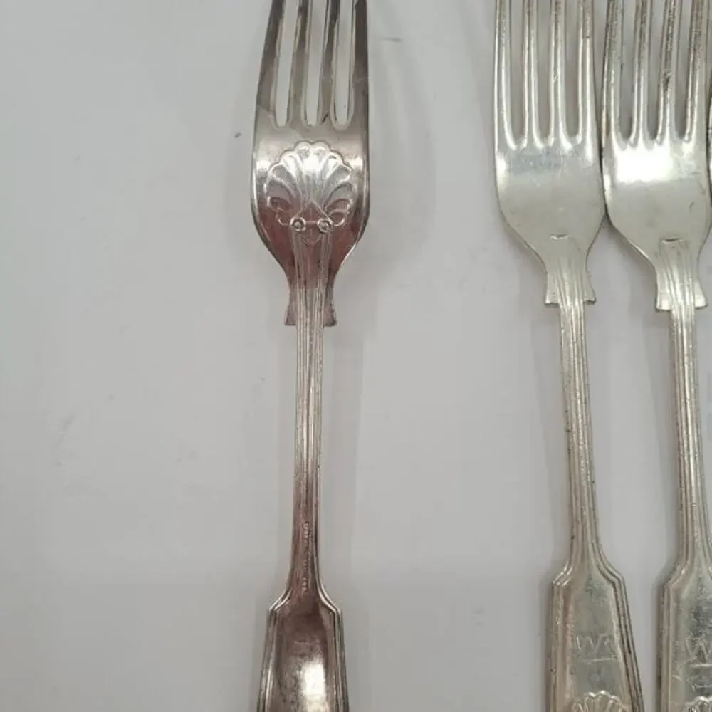 Sheffield England Antique Silver Plate Fiddle Thread and Shell 6 Dinner Fork 2-2